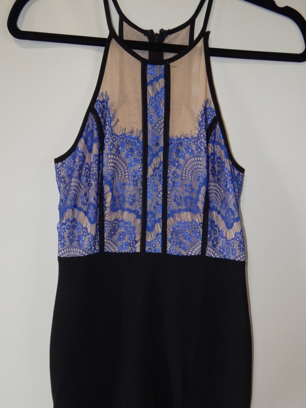 Lush Black Blue Lace Sheer Illusion Racerback Bodycon Dress Small NWT